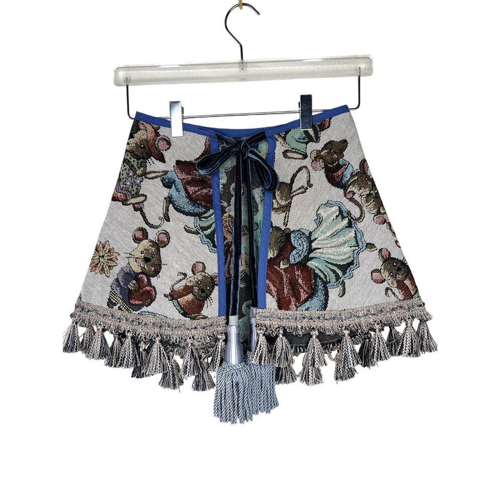 Handmade Wrap Mini Skirt Tapestry Vintage Mouse Print Tassels Tie One Size